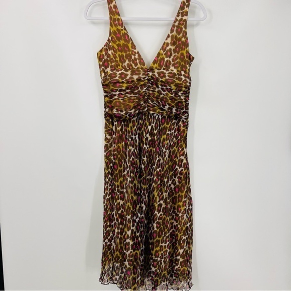 Trina Turk Silk Leopard Print Ruched V-Neck Sexy Cocktail Dress Pink Brown 6